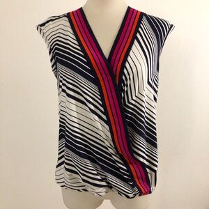 Trina Turk Top Blue White Stripe Pink Orange Trim Signature Logo Tank Shirt XS